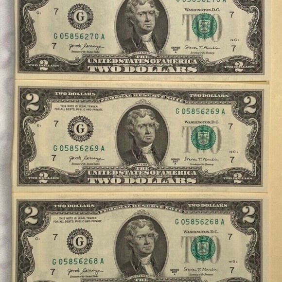 3 New $2 Bills 2017A Consecutive Low Serial # 68 To # 70 Two Dollar Notes Uncirc - Picture 2 of 5